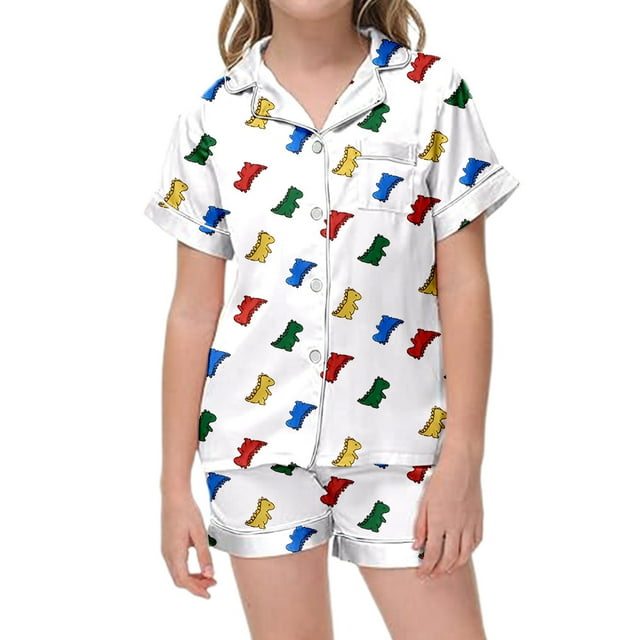 Adorable Dinosaur Themed Short Sleeve Button Down Pajama and Shorts Set for Children's Cozy Bedtime Wear