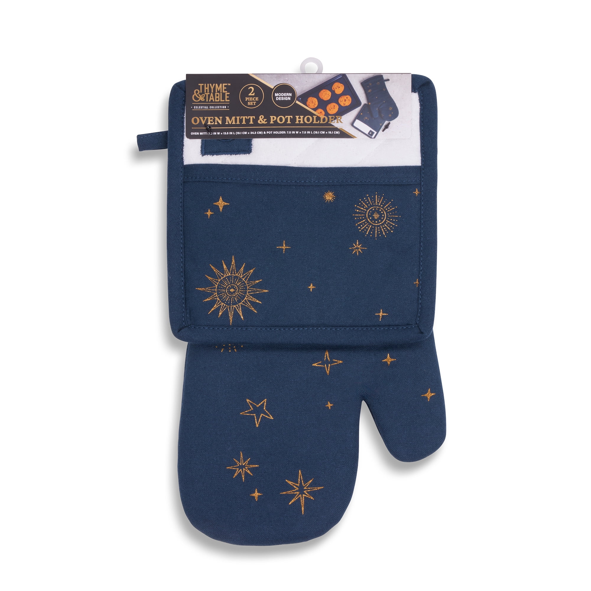 (3 pack) Thyme & Table Heat-Resistant Oven Mitt and Potholder Set, Navy Celestial, 2 pack
