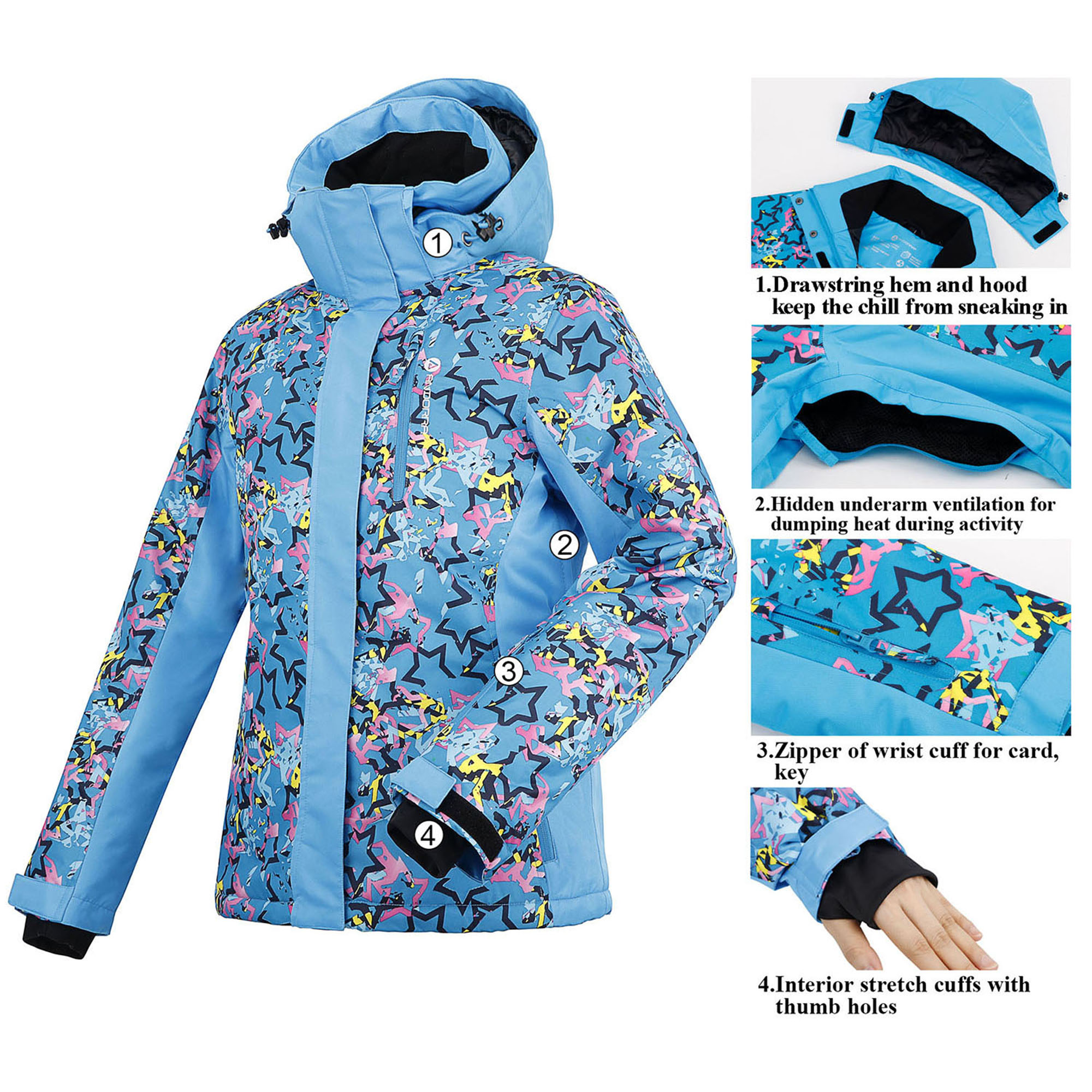 Simplicity Women's Winter Ski Jacket with Zip-Off Hood,Retro Blue Starbursts,M - image 3 of 4