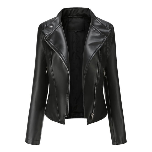 LMKIHUSA Womens Fitted Faux Leather Jacket Long Sleeve Solid Color Jackets Lapel Zip Up Casual Coats Open Front Moto Cardigan Outerwear 2025 Black,M