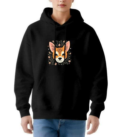 Women's Long Sleeve Hoodie Pullover with Fox Face Design & Decorative Leaves Front Pocket Stylish & Playful Sweatshirt