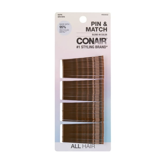 Conair Pin & Match Bobby Pins, Brown, Rubber Tipped, 60 Count
