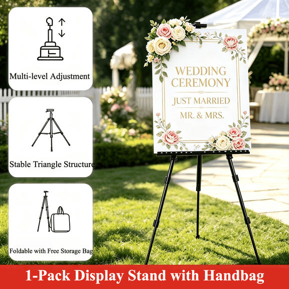 Adjustable Metal Display Tripod Stand, Foldable Portable Poster Easel for Wedding Sign, Party Decor, Art Exhibition, with Storage Bag
