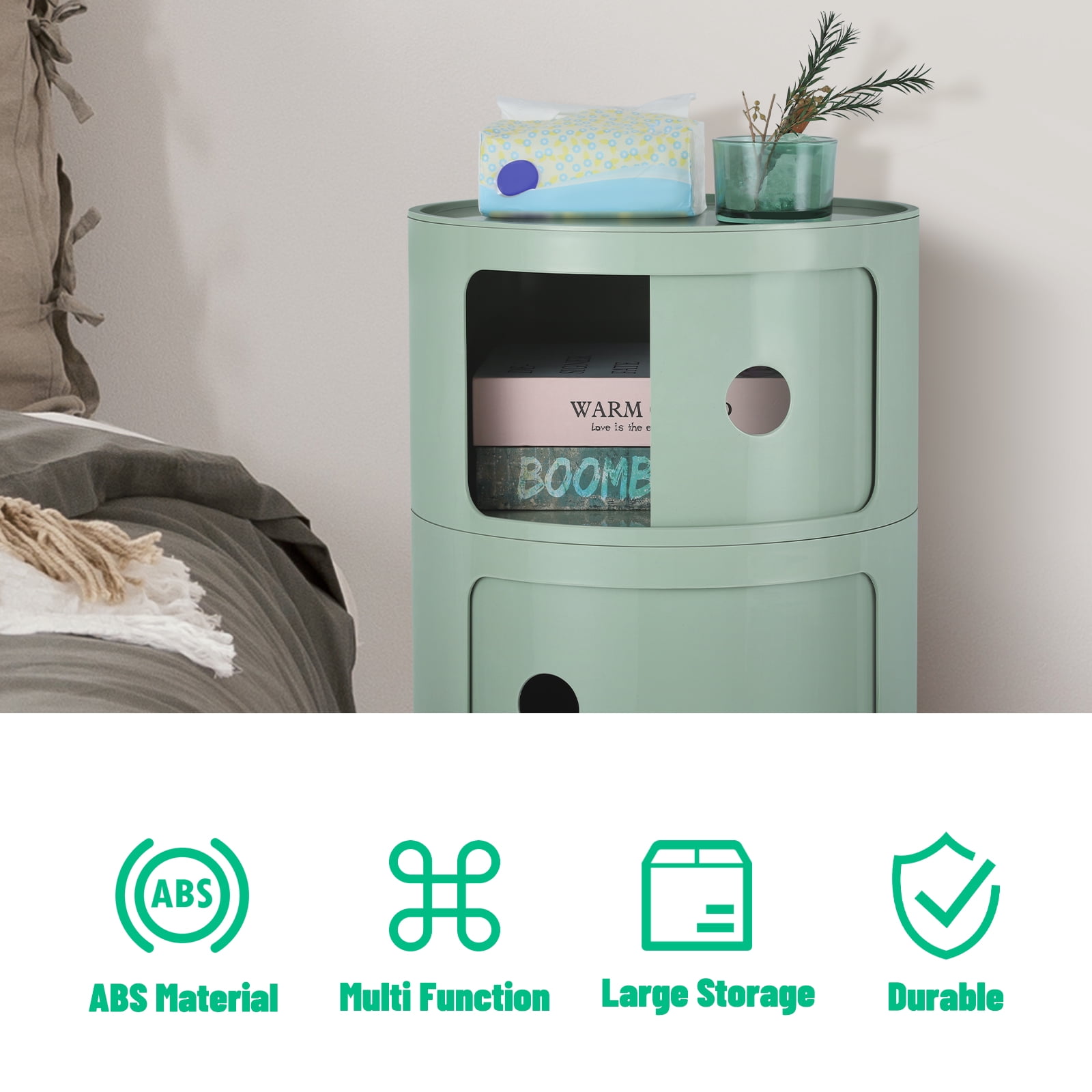 3 Drawer Sliding Barrel Modern Bedroom Nightstand, Matcha Green