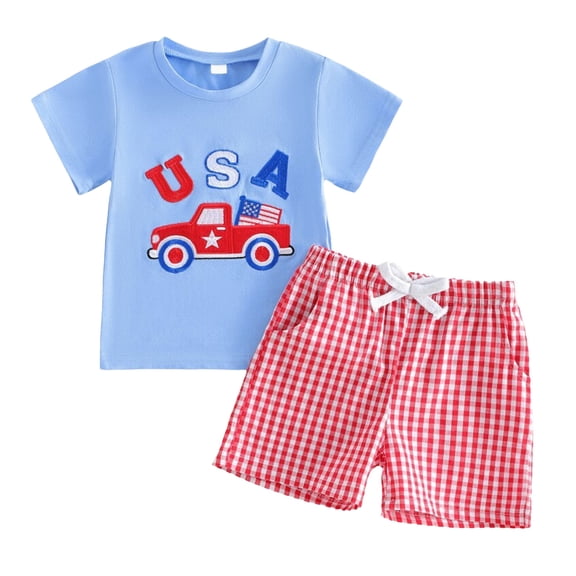 Povozer 4th Of July Outfits Toddler Boy Red White Blue Boys Clothes Boy's Summer Independence Day Short Sleeved Outfit Red White Checkered Shorts Set Of 2pcs Size 2-3 Years,Light Blue