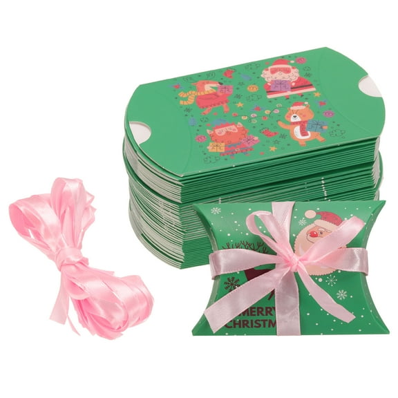 50Pcs Pillow Boxes 3.5 x 2.8 x 1 Inch Gift Boxes, Presents Paper Candy Favor Boxes with Pattern, Green