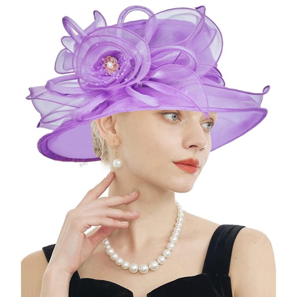 RZTA Sombrero de vestir de iglesia Kentucky Derby para mujer, ala ancha, flor de hoja, sombrero de despedida de soltera