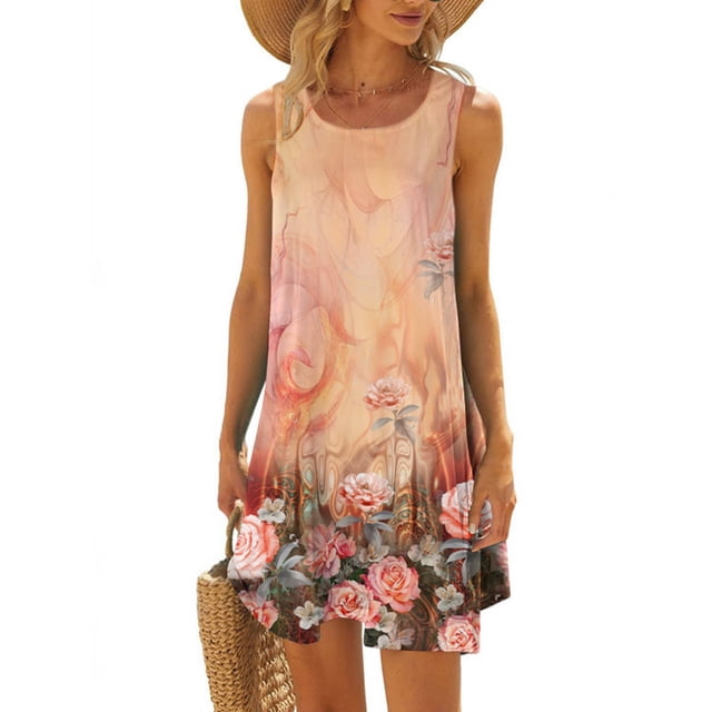 SMihono Robe Maxi Bohème d'Été pour Femmes Grande Taille Décontractée Imprimée Col Rond Manches Courtes Ample Longueur Genou Robe de Plage