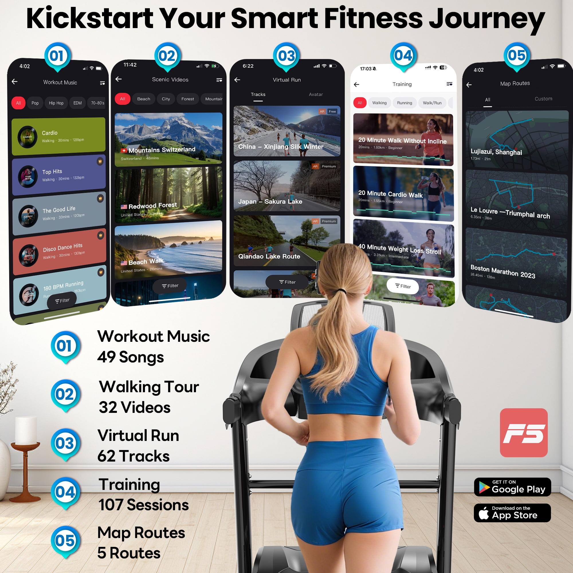 20% Auto Incline Treadmill 5.1HP for Home, Folding Treadmill w/ 300LB Capacity, Dual HiFi Speaker, App Control w/ Virtual Running, 64+7 Programs, 6 Point Shock-absorbing Cushions, Portable Treadmill