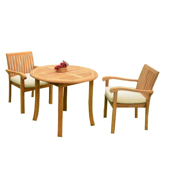 3 PC A Grade Outdoor Patio Teak Dining Set - 36" Round Table & 2 Naples Stacking Arm Chairs