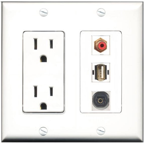RiteAV - 15 Amp Power Outlet 1 Port RCA Red 1 Port USB A-A 1 Port Toslink Decorative Wall Plate