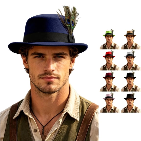 XIAOCHA Mens Feather‑Accent Fedora Hat Short‑Brim Western Hat Party Headwear,Navy