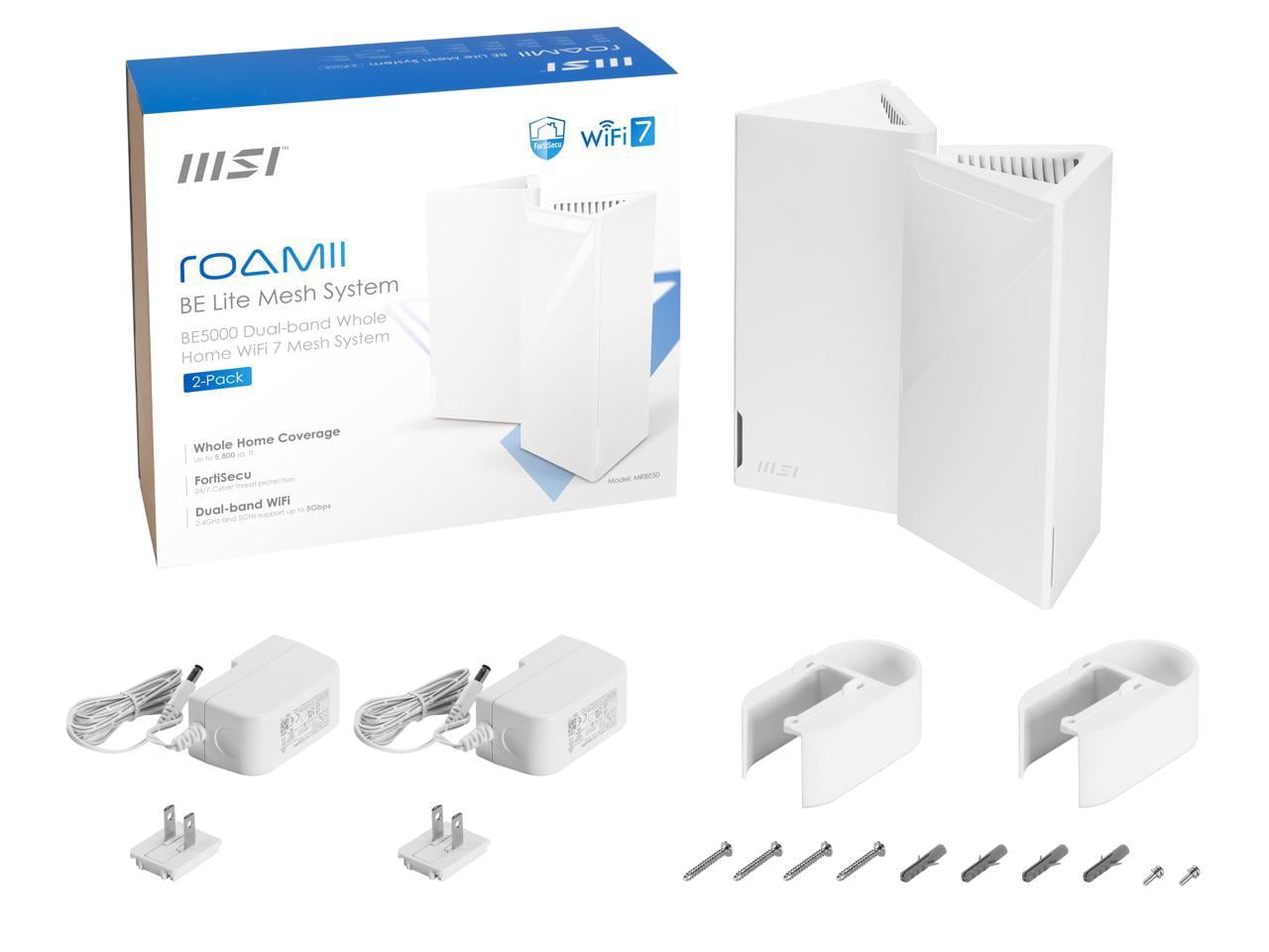 MSI Roamii BE Lite Mesh System - 2 Pack (WiFi 7, BE 5000, Up to 5,800 sq.ft. of Coverage, Supporting 120+ Devices, 2.5Gbps Ethernet Port, MU-MIMO MLO)