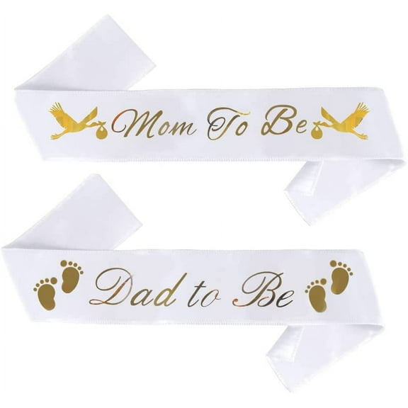 Brosash Mom To Be & Dad To Be Baby Shower Sash Bundle - White with Gold Letters Sashes for Expecting Parents
