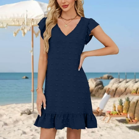 FDGIU 2025 Women s Floral Print Summer Dress - V-Neck A-Line Sundress with Vintage Short Sleeve Below Knee Boho Beach Dress