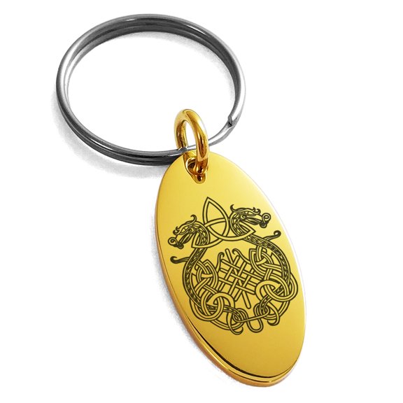 Stainless Steel Dragon Knot Skuld's Net Viking Rune Engraved Small Oval Charm Keychain Keyring