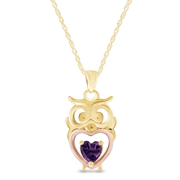 AFFY Heart Shape Simulated Amethyst Cute Owl Charm Pendant in 14k Yellow Gold Over Sterling Silver
