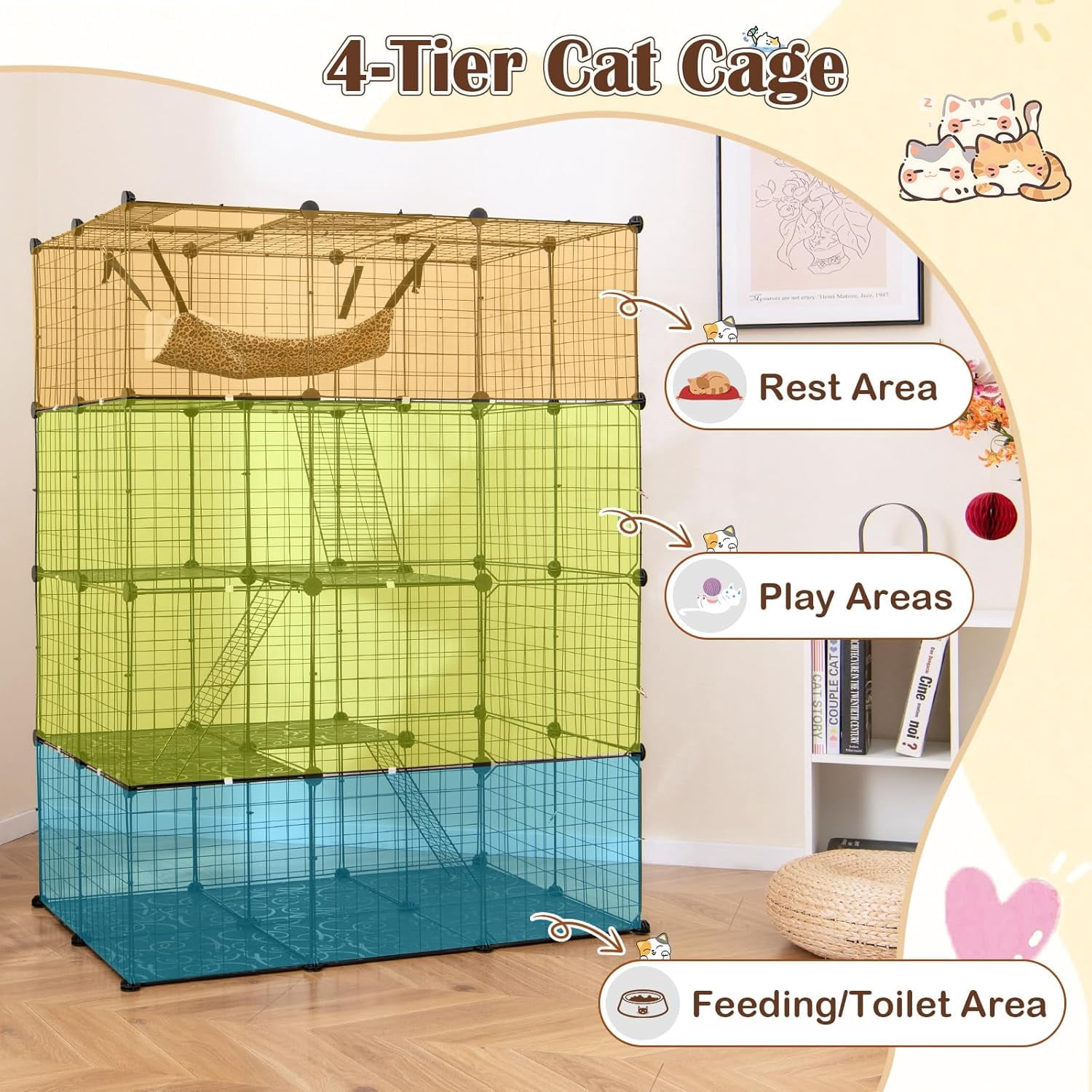Cat Cages Indoor, 56" Large 4-Tier Cat Enclosure with Skylight, Hammock, 3 Ladders, Detachable Metal Wire Kennel with 4 Lockable Doors, DIY Cat Crate & Pet Playpen Catio for 1-4 Cats