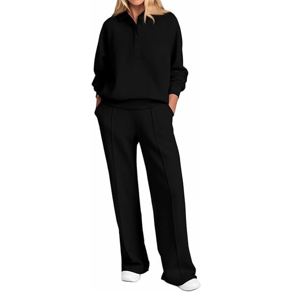 Fiophy Women's Lounge Set Waffle Knit Travel Outfits Long Sleeve Tracksuit Joggers Sets with Pockets, Black, XL