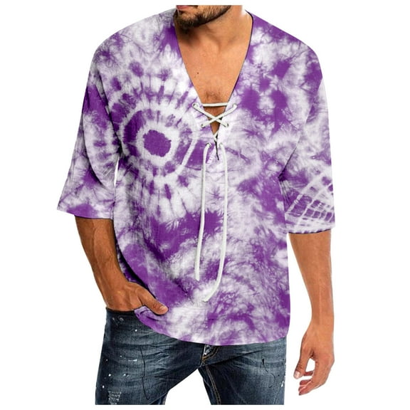 Icvfdpl Mens Tee Shirt Spring And Summer Casual Tie Dye Print T Shirts Lacing V Neck 3/4 Sleeve Tops Versatile For Everyday Wear In Most Settings