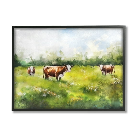 Stupell Industries Cows in Pasture Watercolor Animals & Insects Painting Black Framed Art Print Wall Art, 14 x 11