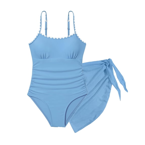 SSCMYXG Girls 1 Piece Swimsuit with Wrap Skirt, Contrast Trim Bathing Suit for Tween Girls Beach Pool Sky Blue 7-8 Years