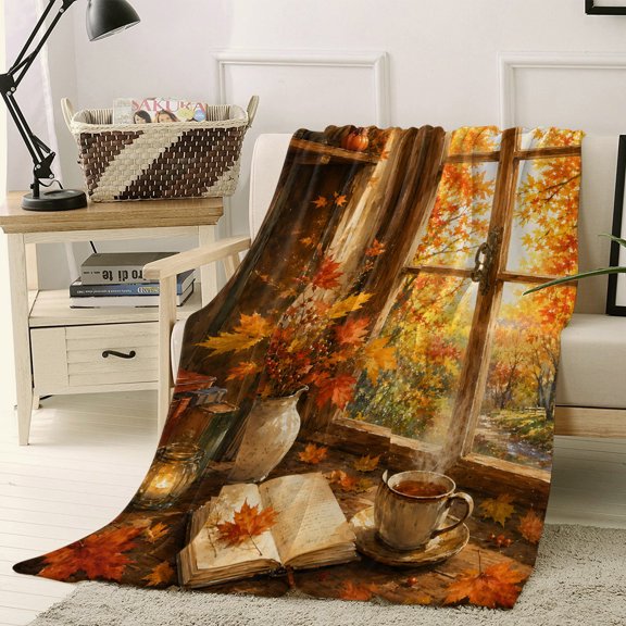 Throw Blanket Fleece Throw Blanket 30x40in, Thanksgiving Maple Leaves Soft Lightweight Bed Blankets Fall Window Landscape Fuzzy Couch Blankets for All Season