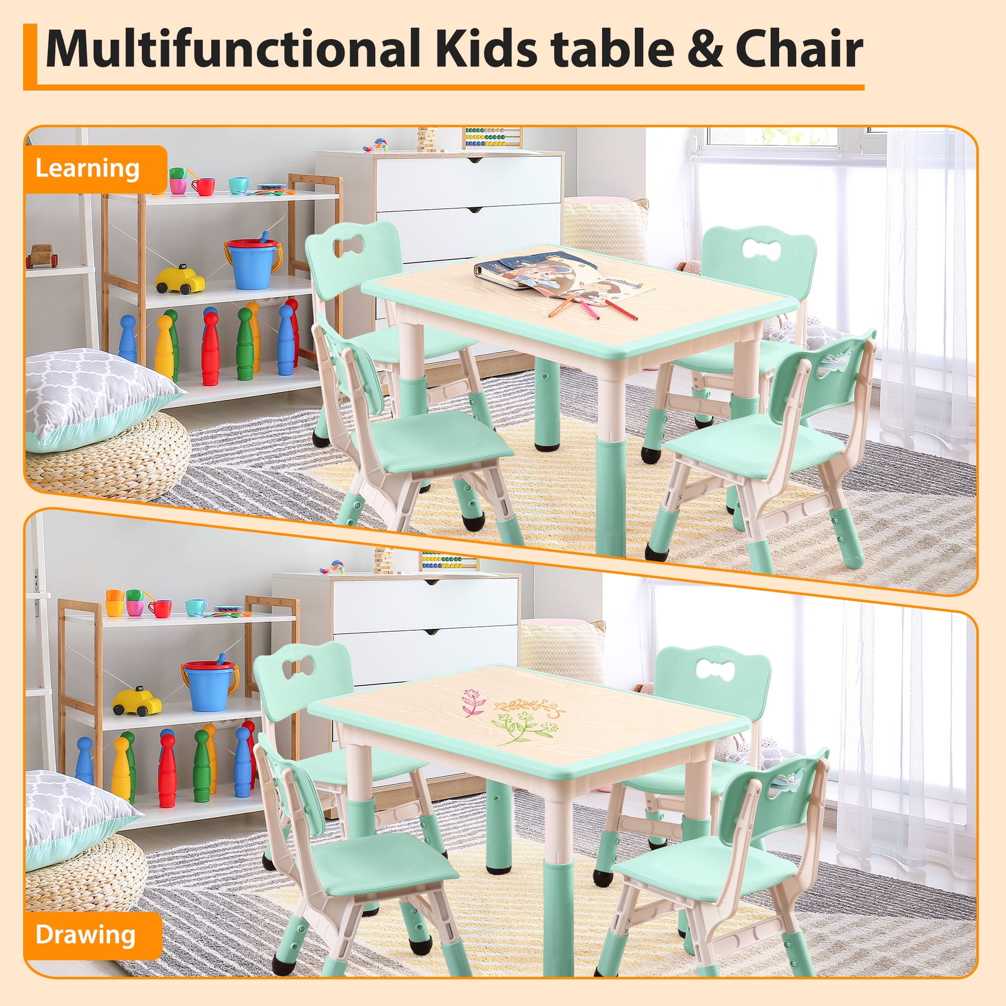 Toddler Table and Chair Set, Height Adjustable Kids Table and Chair Set of 4, Toddler Table for Reading, Drawing, Eating, for Ages Over 3, Light Blue