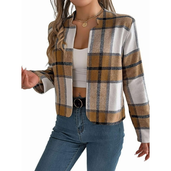 Women'S Cropped Plaid Shacket Jacket Button Down Long Sleeve Shirts Tops Khaki L