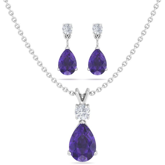 Belinda Jewelz Jewelry Set for Women, Natural Pear shaped 7x5mm Amethyst and 3mm Natural White Topaz Pendant Necklace and Matching Pear Shaped Amethyst and White Topaz Stud Earrings
