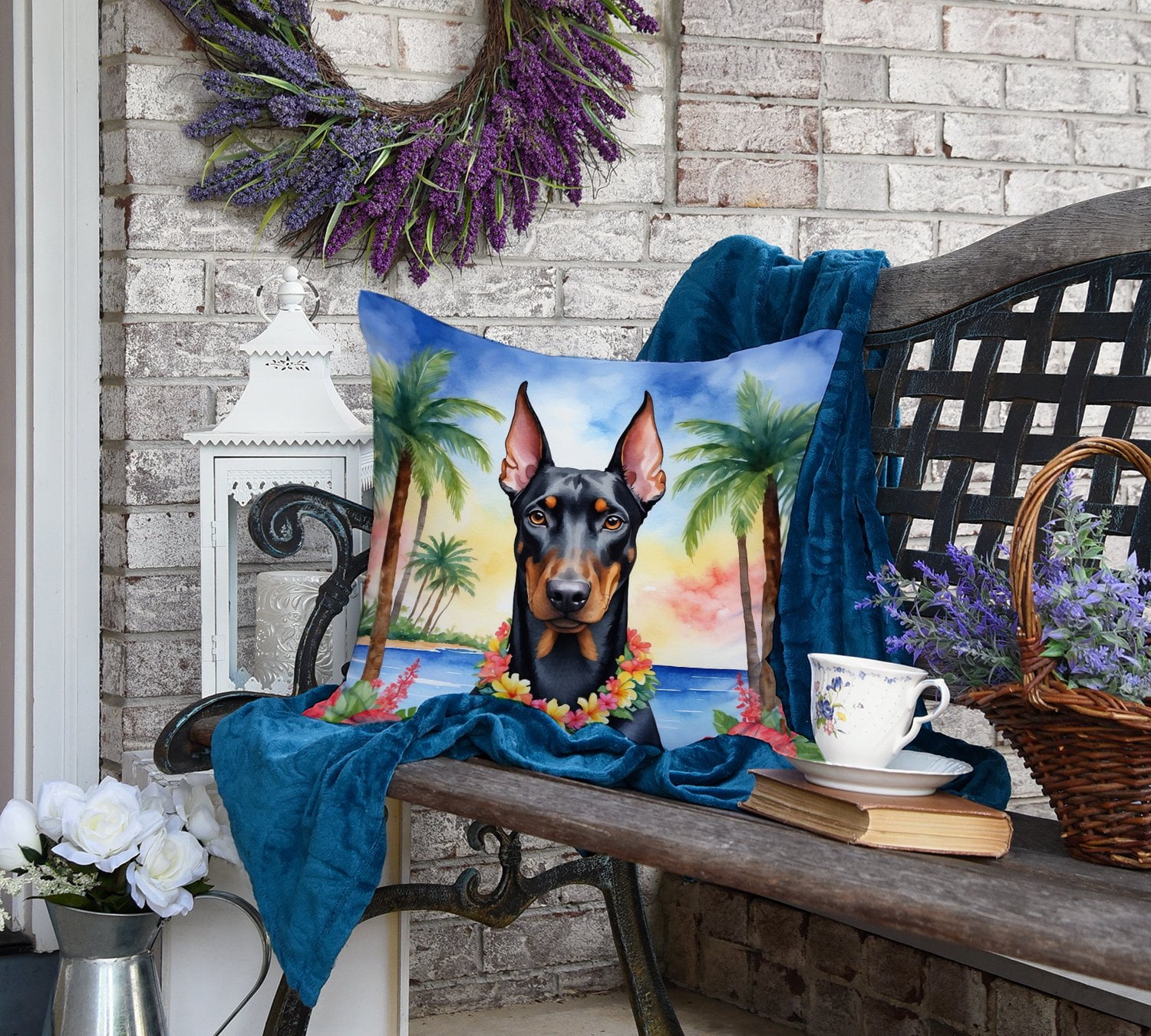 Doberman Pinscher Luau Throw Pillow 18 in x 18 in