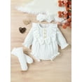 thumbnail image 3 of Baby Girls 3Pcs Fall Outfits, 3 6 9 12M Long Sleeve Button Front Ruffle Romper + Socks + Headband Set, 3 of 10