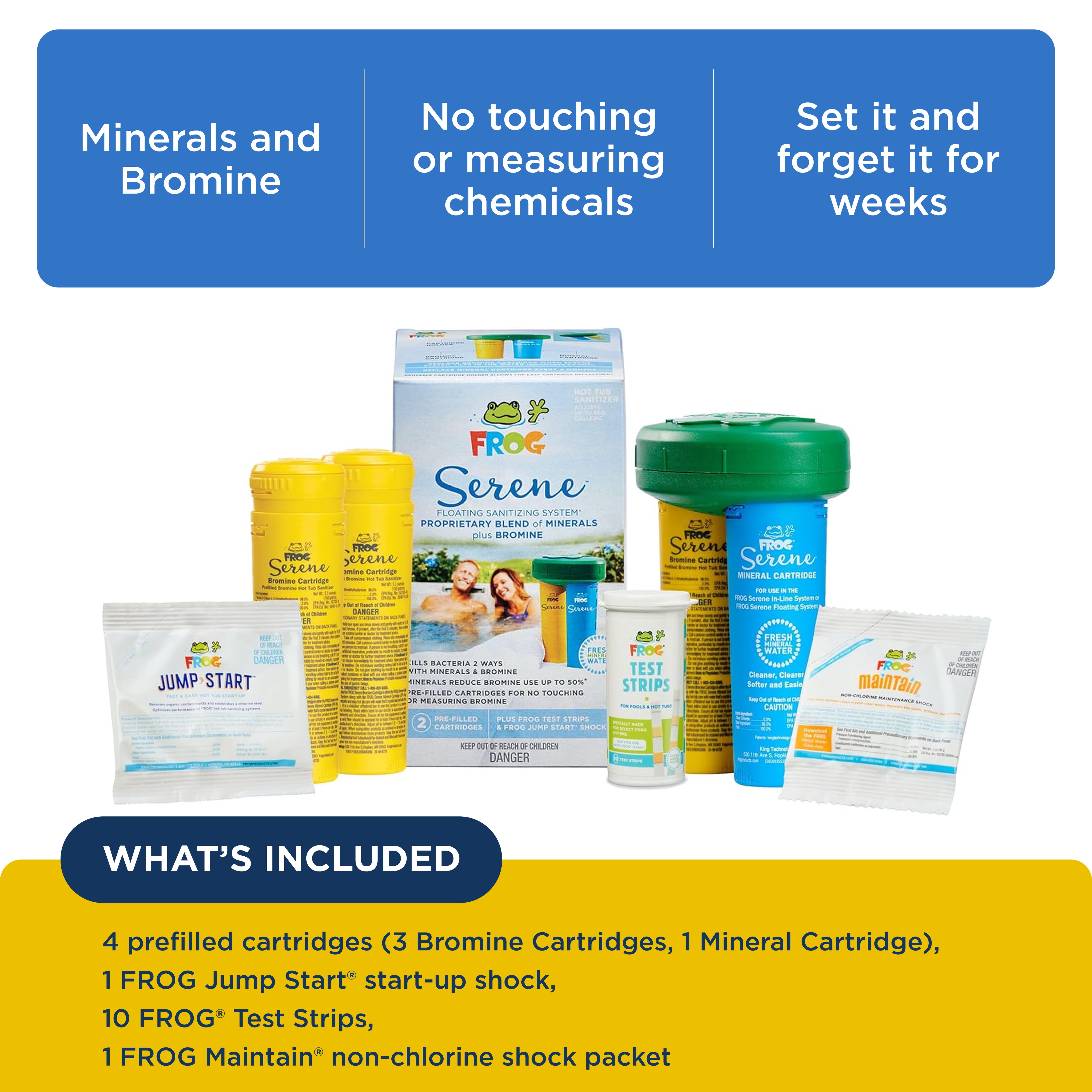 FROG Serene Floating System with 2 Replacement Bromine Cartridges & FROG Maintain - Includes Hot Tub Shock - Serene System, 2 Bromine Cartridges, and 1 Maintain