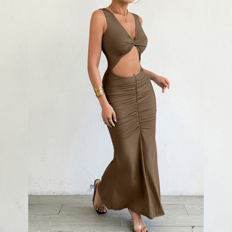 fishtail bodycon dress Wxlwzywl Women's Solid Color Sleeveless V-Neck Fishtail Bodycon Dress Summer Casual and Comfortable Crop Top Dress, Size: Large