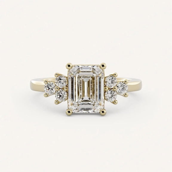Diiro Emerald Cut Moissanite Engagement Ring for Women, Round Side Stone Promise Ring, Yellow Gold Solitaire Bridal Ring, Anniversary Wedding Ring Gift