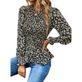 thumbnail image 4 of STARVNC Women Floral Print Crew Neck Puff Long Sleeve Smocked Ruffle Tunic Top, 4 of 7