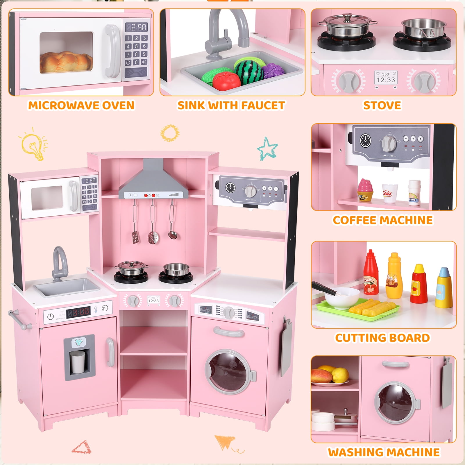LAZY BUDDY Wooden Corner Play Kitchen Set, Kids Cooking Playset Toddler Pretend Interactive Toy with Realistic Sound & Light