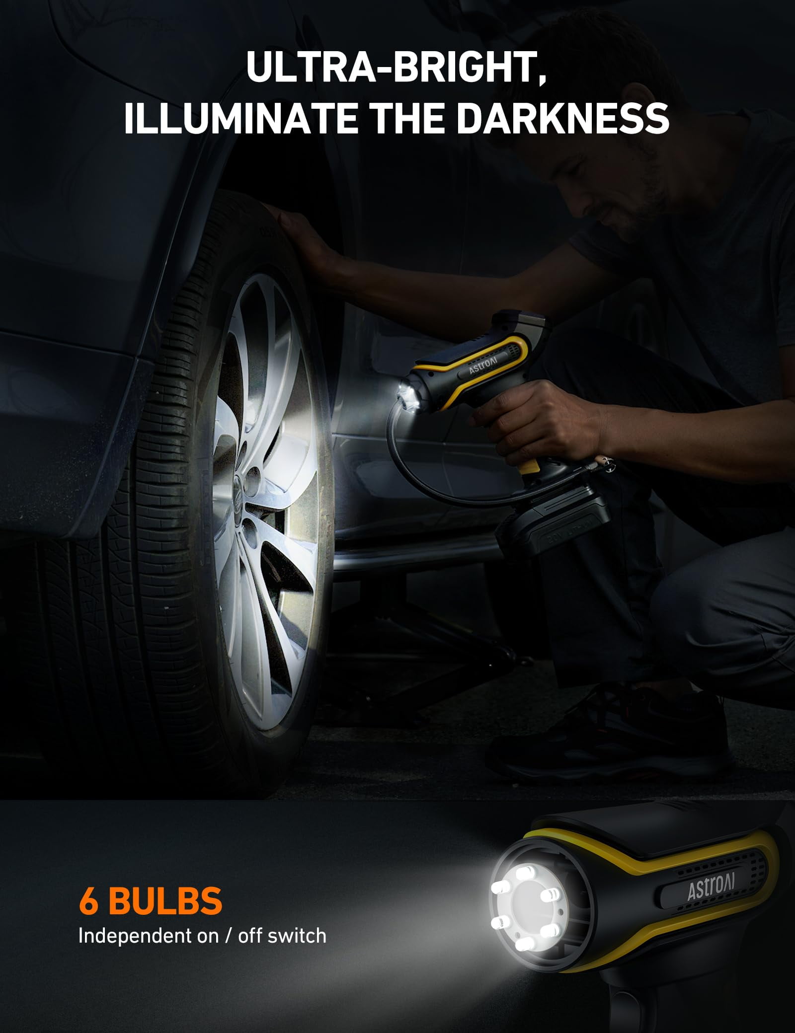 Cordless Tire Inflator, Air Compressor for Car Tires Air Pump 150 PSI, AstroAI Portable Air Pump with Battery, Rechargeable Compact Handheld Electric Automotive Pump, Yellow