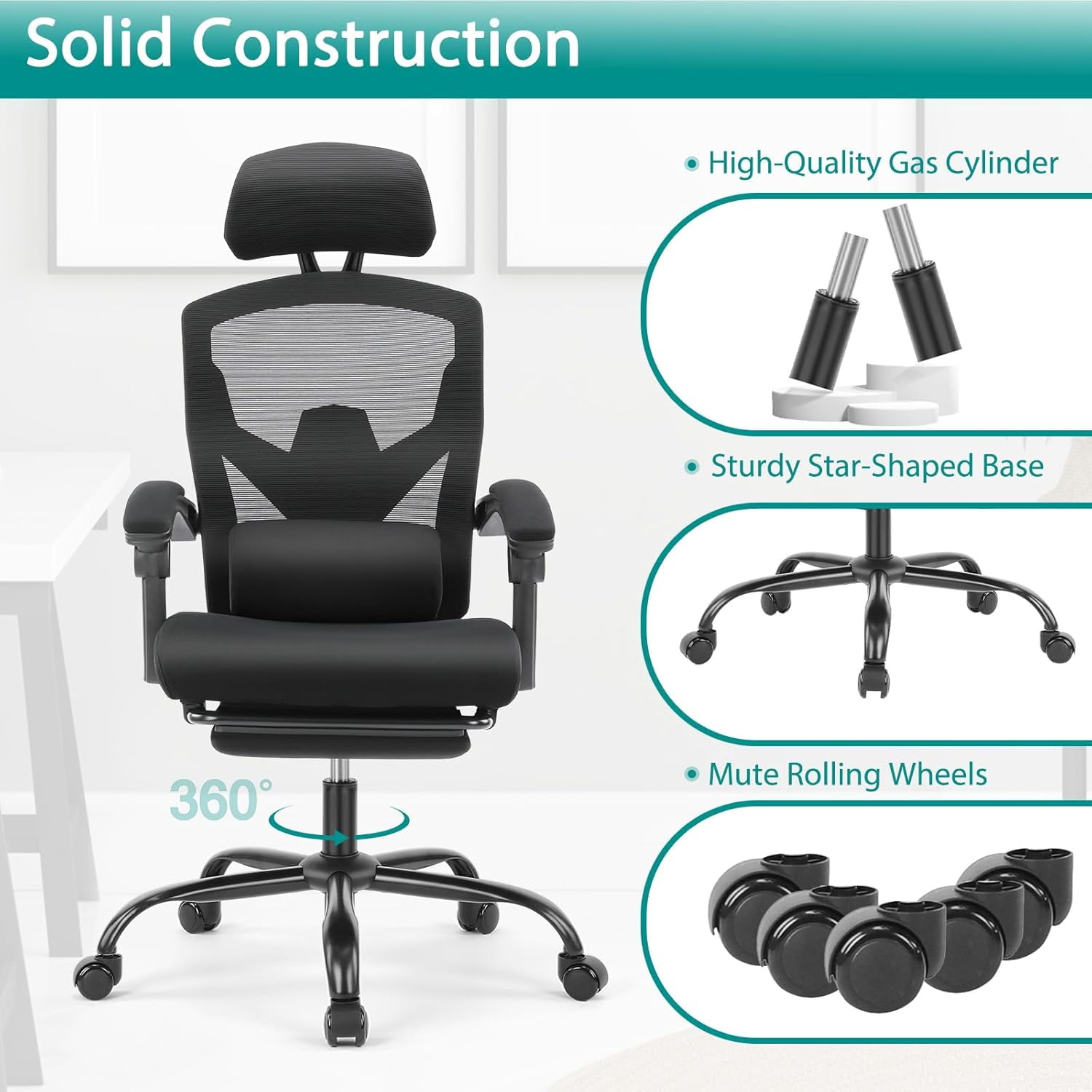 Atilioo Ergonomic Office Chair with Footrest, High-Back Mesh Swivel Chair with Adjustable Lumbar Support, Headrest & Wheels, Rolling Recliner for Home Office, Gaming, Study, Black