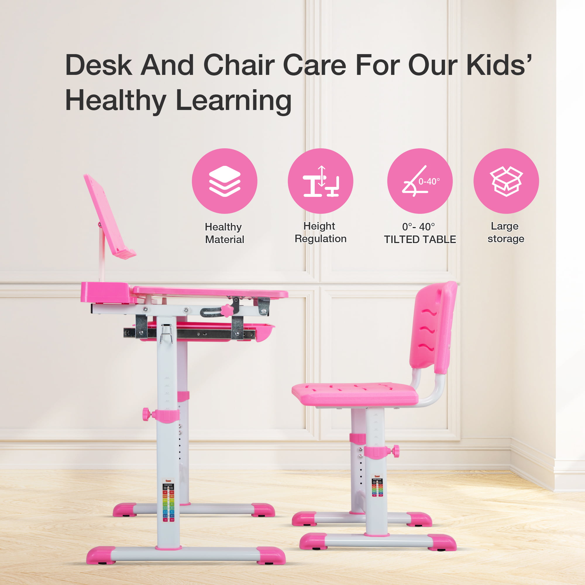  BABY JOY Kids Desk and Chair Set, Height Adjustable Child Desk  Set w/Tilt Desktop, Pull Out Drawer Storage, Metal Hook, Multifunctional  School Student Study Desk Chair for Boys & Girls (Grey) 