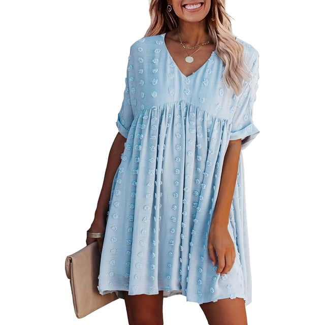 Vestido corto holgado de verano con mangas cortas y escote en V sexy para mujer, vestido informal con lunares suizos, vestido de talla grande