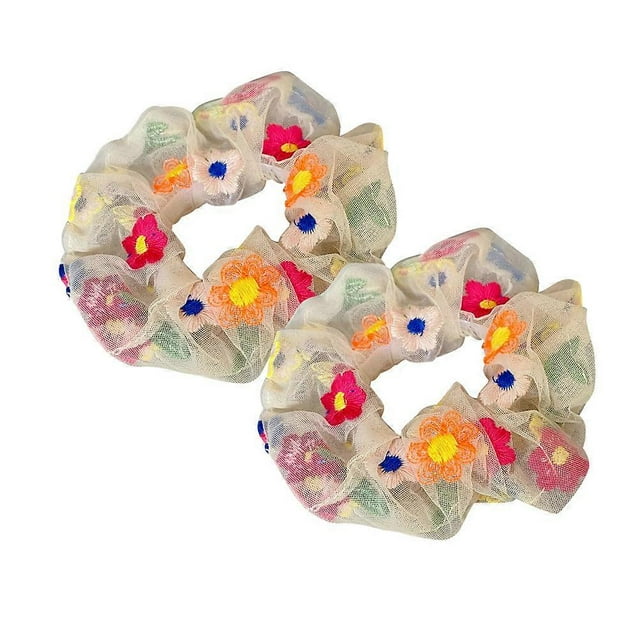 5Pcs Embroidered Flowers Ponytail Holders for Women and Girls in Multi Color for Daily Wearing and Special Occasions with Hair Holding Function
