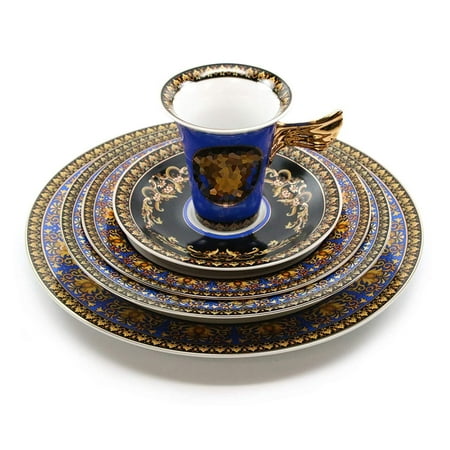 - Royalty Porcelain Vintage 5-pc Place Setting 'Blue Medusa', Premium Bone China