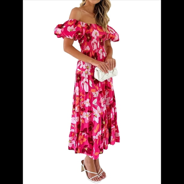 Vestido Midi Informal de Verano para Mujer, de Corta, Abullonado, con Cuello Cuadrado y Volantes Escalonados Rosa Roja y Rosa S