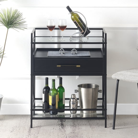 Conveniece Concepts Glenview Serving Bar in Black Wood Finish and Black Metal