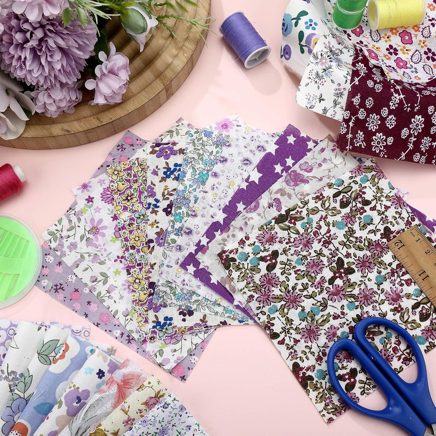 600 Pcs 4 x 4 Inch Cotton Fabric Square Precut Quilting Squares Printed Floral Patchwork Fabric Bundles for Spring DIY Craft Sewing Clothing Accessory(Purple)