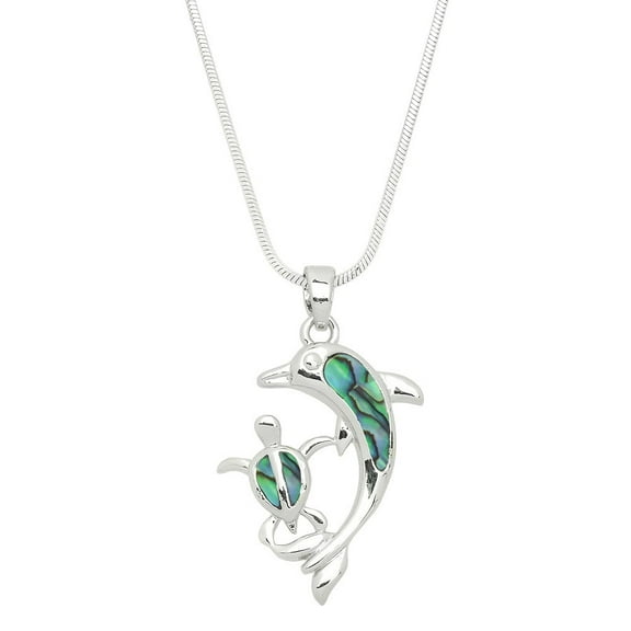 Dolphin Pendant Necklace Earring Abalone Shell Rhodium Plated 17 Inch Snake Chain J0691