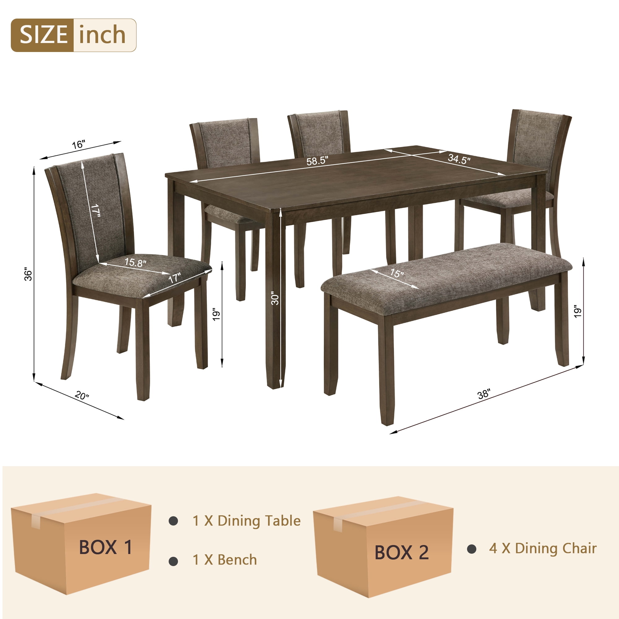 Gewnee Dining Set for 6,Farmhouse 6 Piece Dining Table Sets with Bench,Rectangle Wood Kitchen Table and 4 Upholstered Chairs.Dark walnut