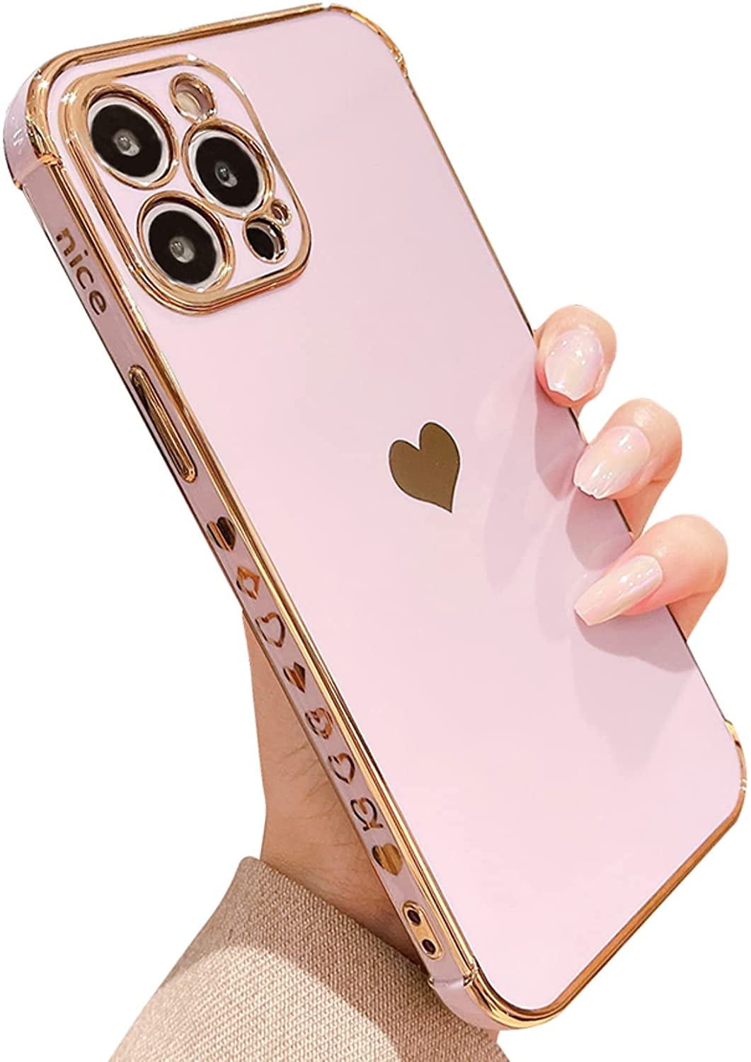 Wirvyuer Compatible with iPhone 13 Pro Case Soft Silicone Protective Shockproof Phone Case with Cute Gold Heart Pattern Design Thin TPU Bumper Blue Cover for Women Girls