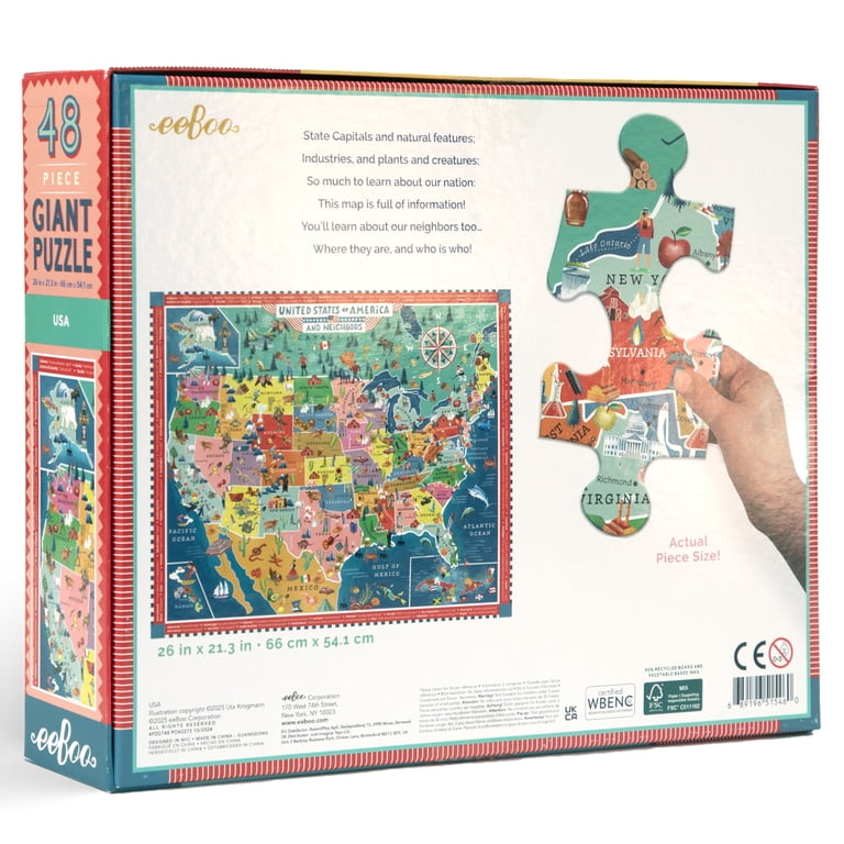 eeBoo: USA Map Giant Puzzle - 48 Piece - 26 x 21.2
